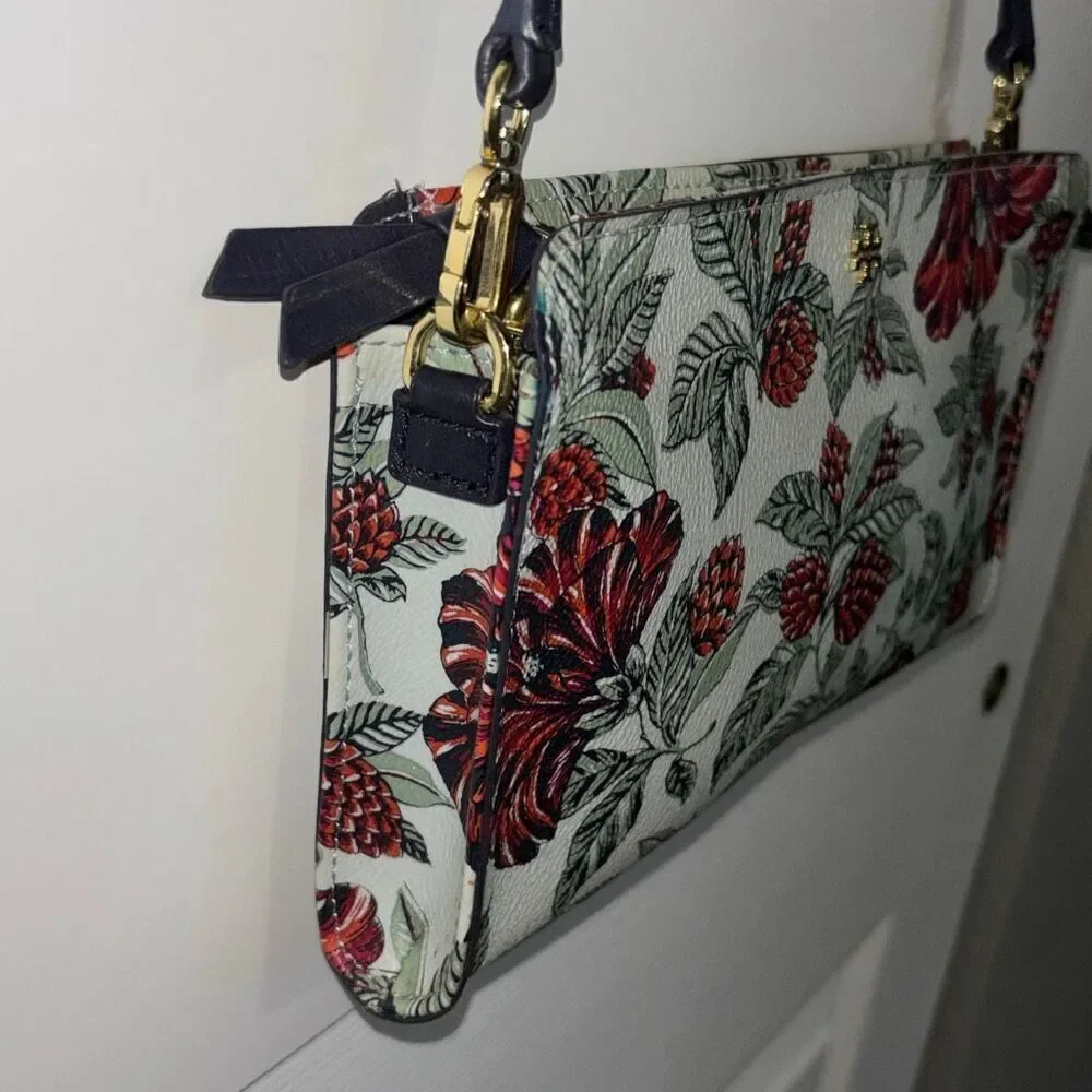 Tory Burch Kerrington navy green red Evergreen floral crossbody purse bag